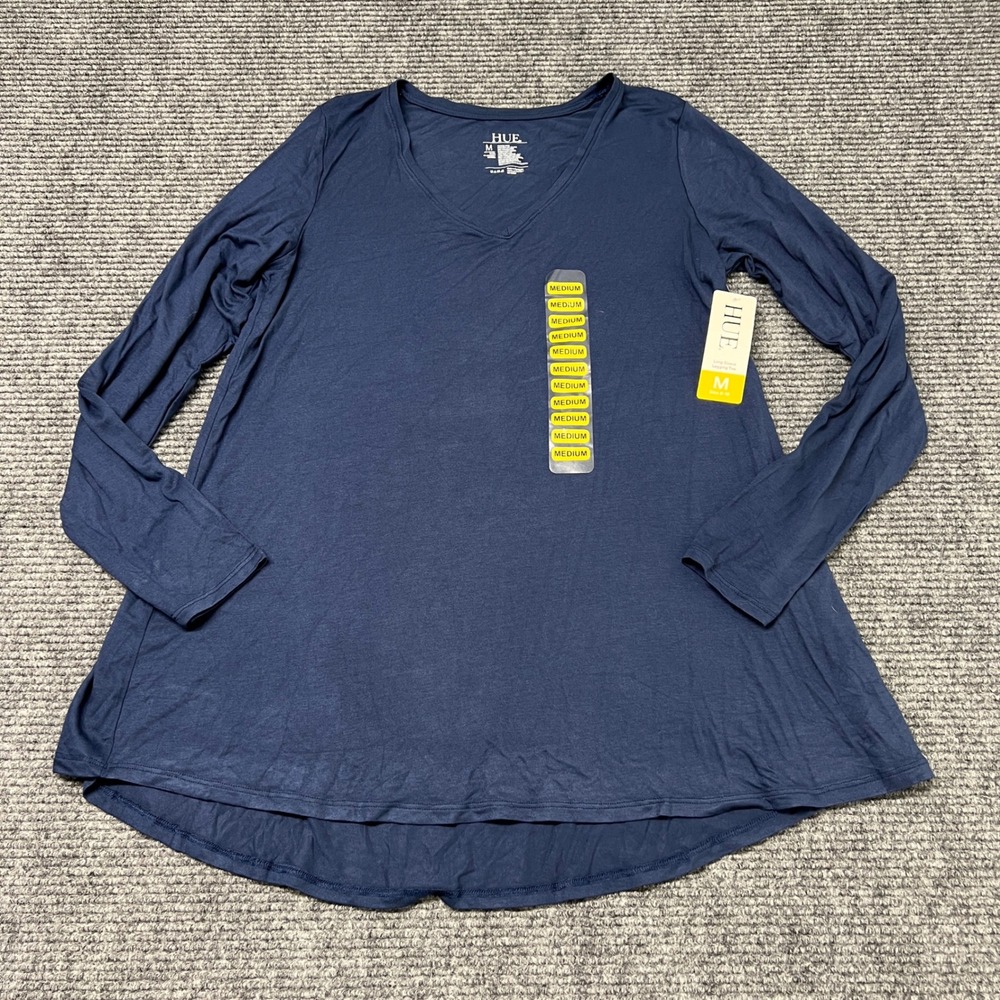 HUE Womens Oxford Blue Long Sleeve‎ Legging Tee V-Neck High-Low Top Medium NWT